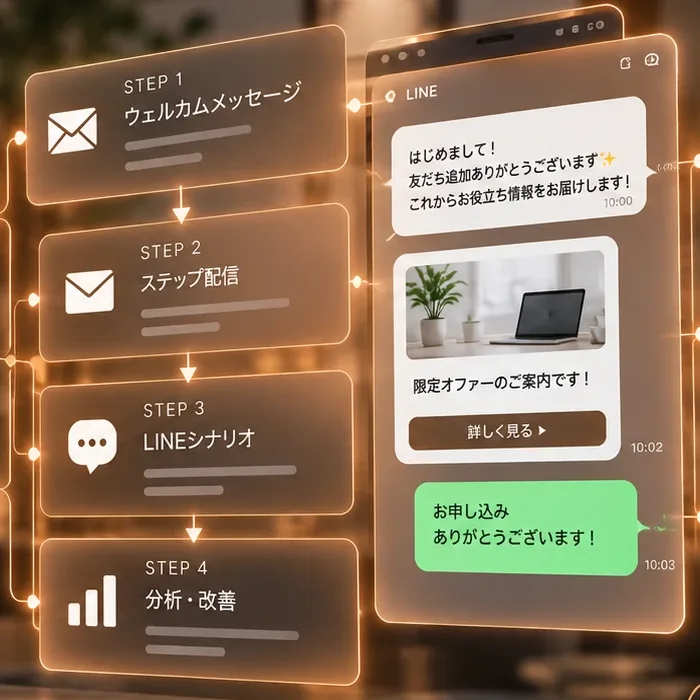 ウェルカムメッセージ・ステップ配信・LINEシナリオ・分析と改善の流れと、LINEの配信画面のイメージ