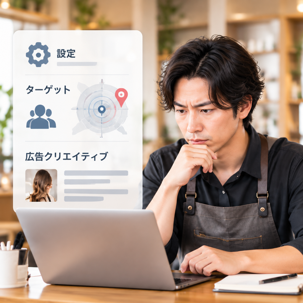 Meta広告の設定やターゲットが正しいか判断できず悩む美容サロンオーナーのイメージ
