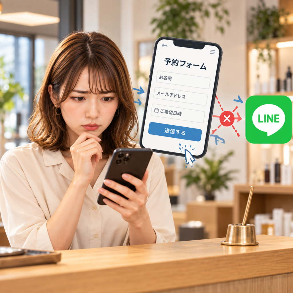 Meta広告のクリックはあるのに予約フォームやLINE登録につながらず悩む美容サロンオーナーのイメージ