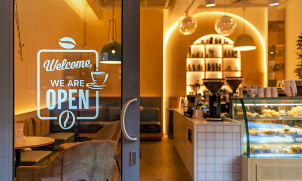「WELCOME WE ARE OPEN」の案内が出ているカフェの入口と店内