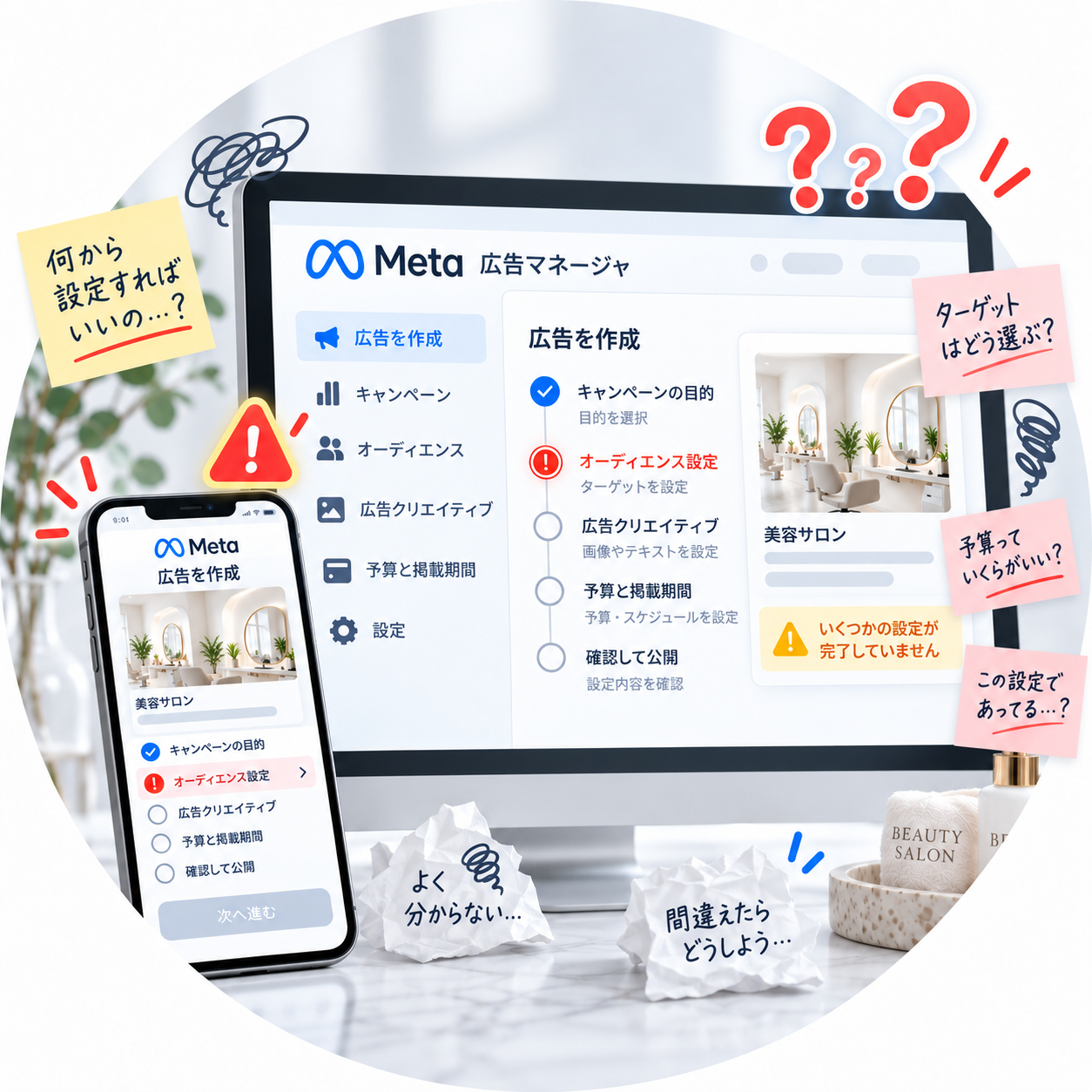 美容サロン向け広告設定をノートパソコンで確認するイメージ
